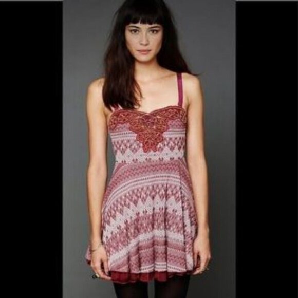 Free People Women's Mini Strapless Dress Embellished Red Aztec Size Small - Picture 1 of 9